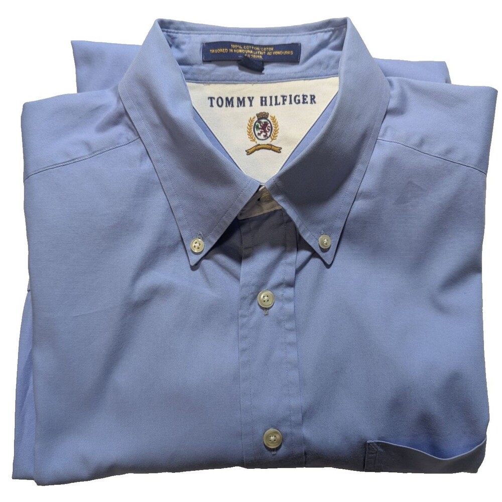 Vtg 90s Tommy Hilfiger Crest Logo Oxford Shirt Blue Button Down Men's 17/34